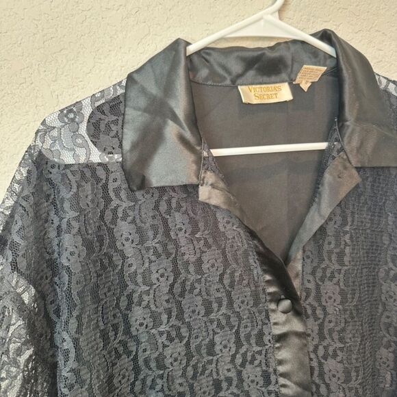 Victoria’s Secret Gold Label Black Satin Sheer Lace Button Front Nightgown S - Picture 3 of 6